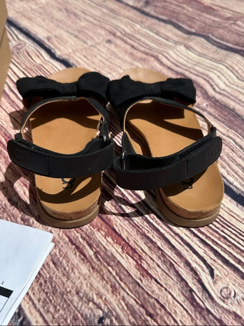 UGG Girls Black Bow Fonda K Sandals with Tan Footbed